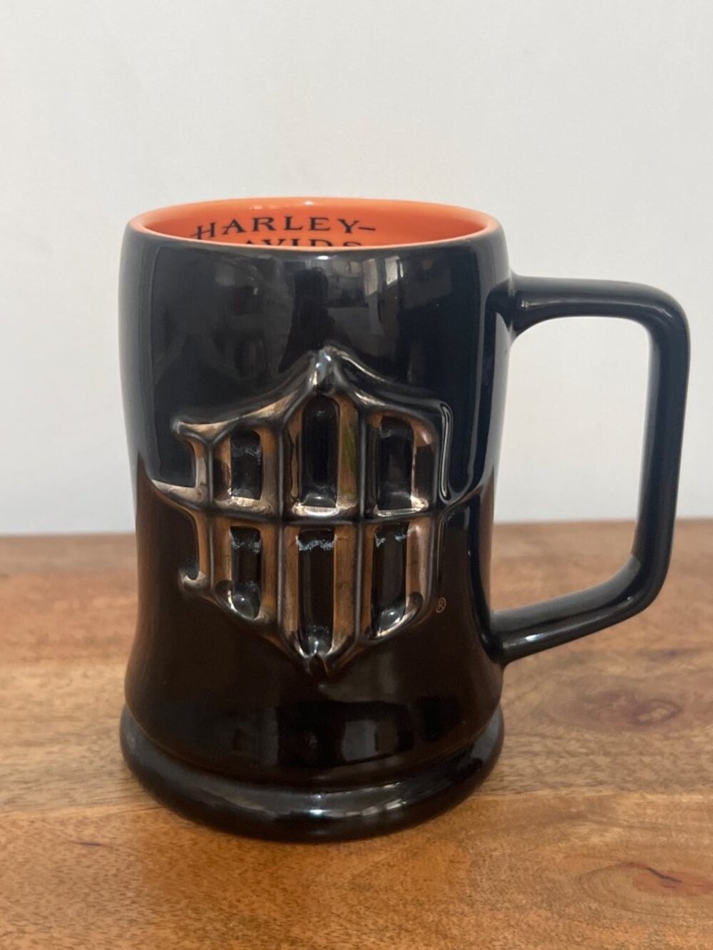 Harley-Davidson Black & Orange Ceramic Coffee Mug Embossed Shield Logo 16 Oz